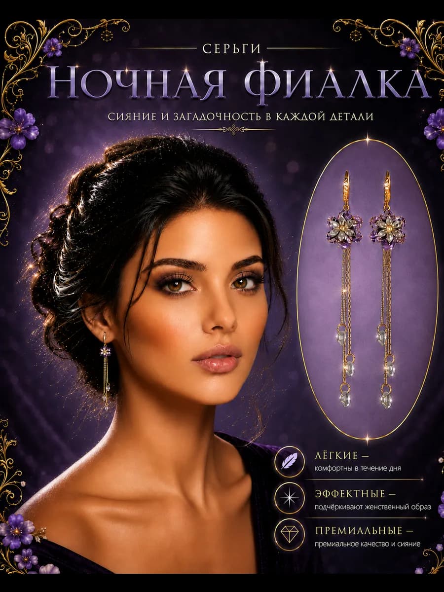 Серьги бижутерия "Фиалка" золотистые в подарочной упаковке