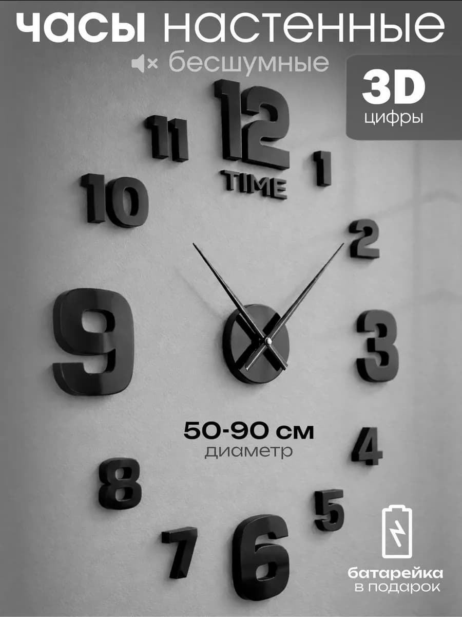 Часы настенные интерьерные большие с цифрами на стену 3D