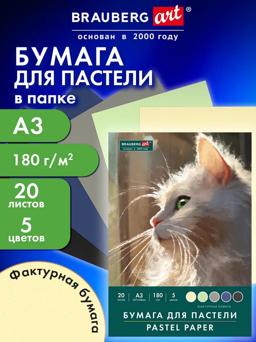 Бумага для пастели, рисования художественная А3, 20 л 5 цв