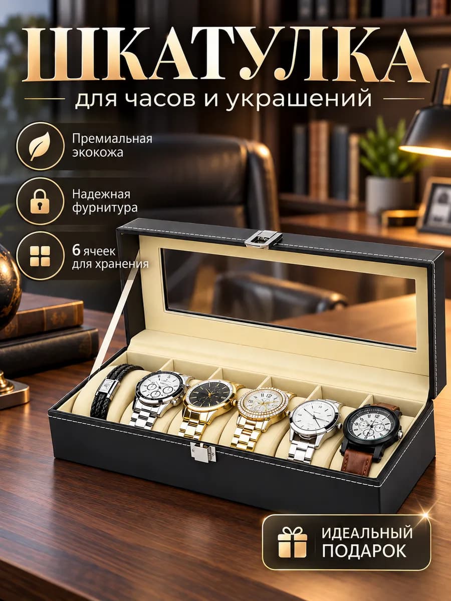 Шкатулка для часов и украшений, 6 ячеек