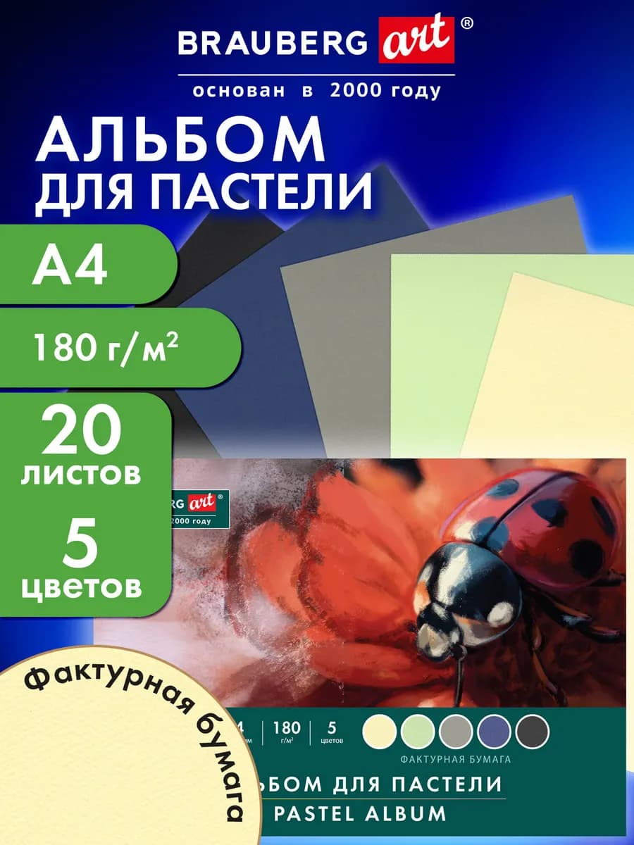 Альбом для рисования, для пастели А4, 20 листов, 5 цветов