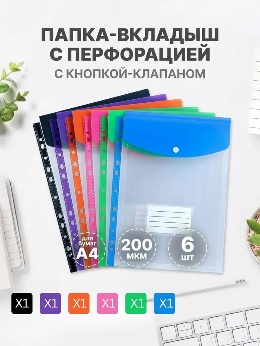 Папки-вкладыши для документов А4, вертикальные, 6шт