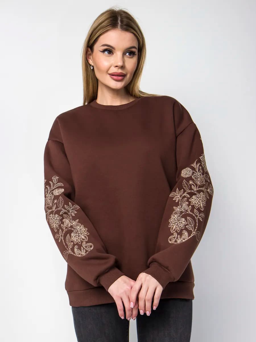 Свитшот коричневый женский теплый оверсайз с вышивкой