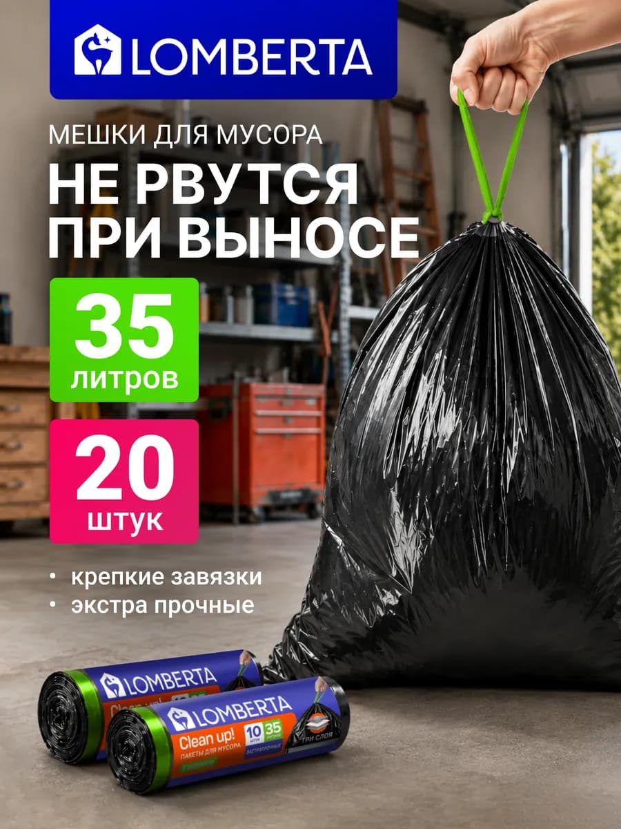 Мешки для мусора с затяжкой 3х слойные черные 35л 20 шт