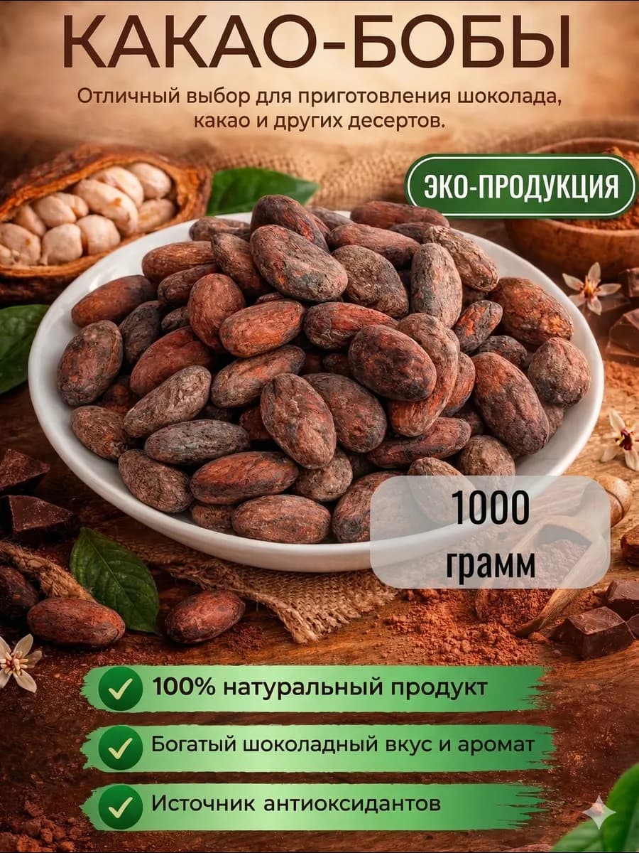 Какао бобы необжаренные натуральные "Форастеро" (1кг)