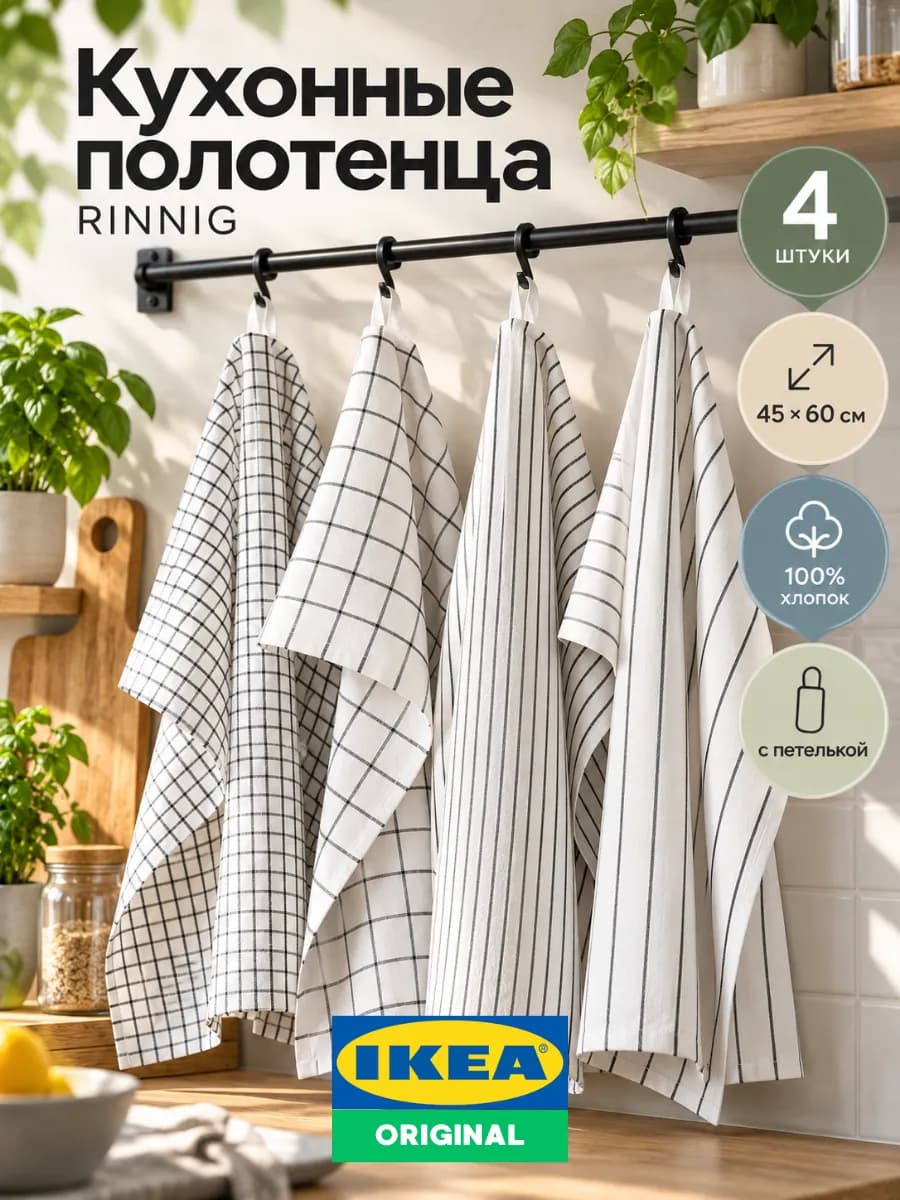 Полотенца кухонные ИКЕА Ринниг 4шт с петелькой, хлопок 45х60