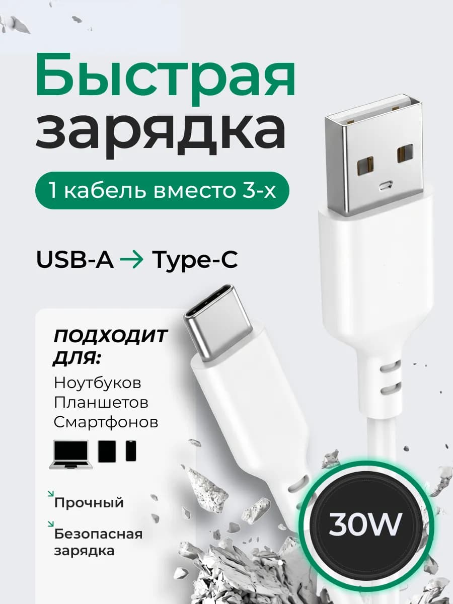 Кабель type-c usb-a для быстрой зарядки iPhone и Android