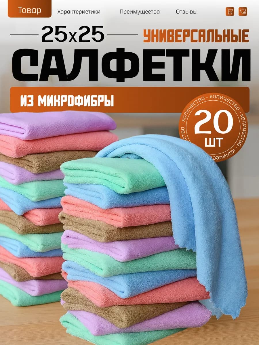 Салфетки для уборки из микрофибры 20 штук 25х25 см - фото 1
