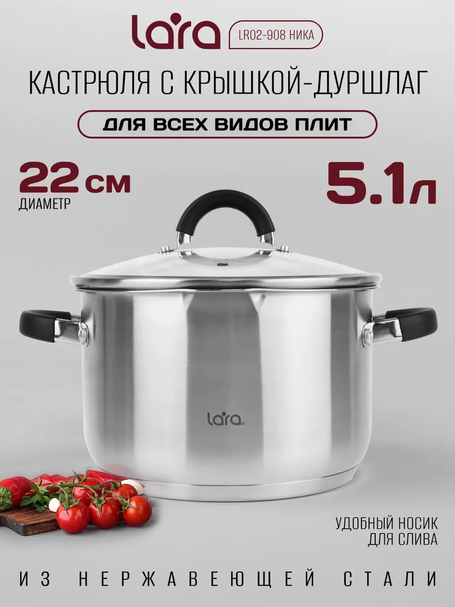 Кастрюля с крышкой - дуршлаг 5,1л LR02-908 Ника