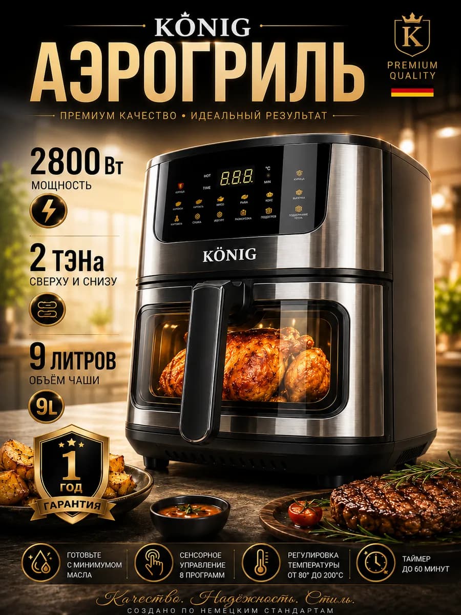 Аэрогриль с двумя тэнами 9л 2800вт