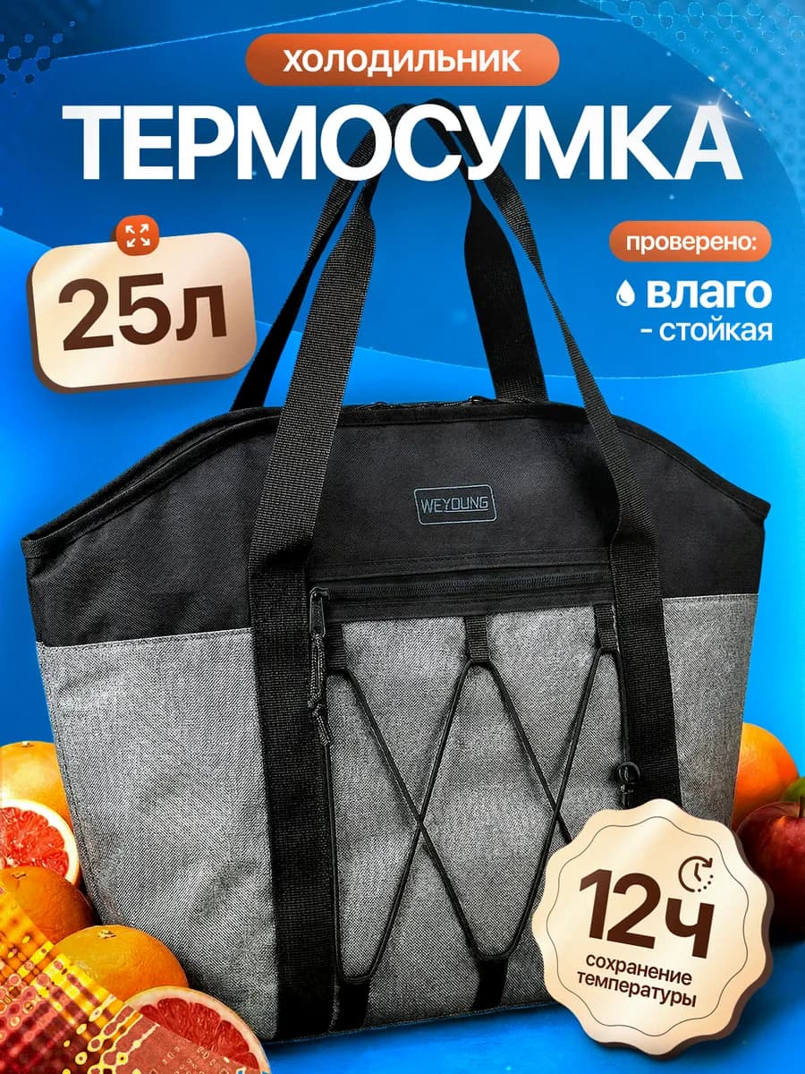Термосумка сумка холодильник двухцветная 28 л серо-черная