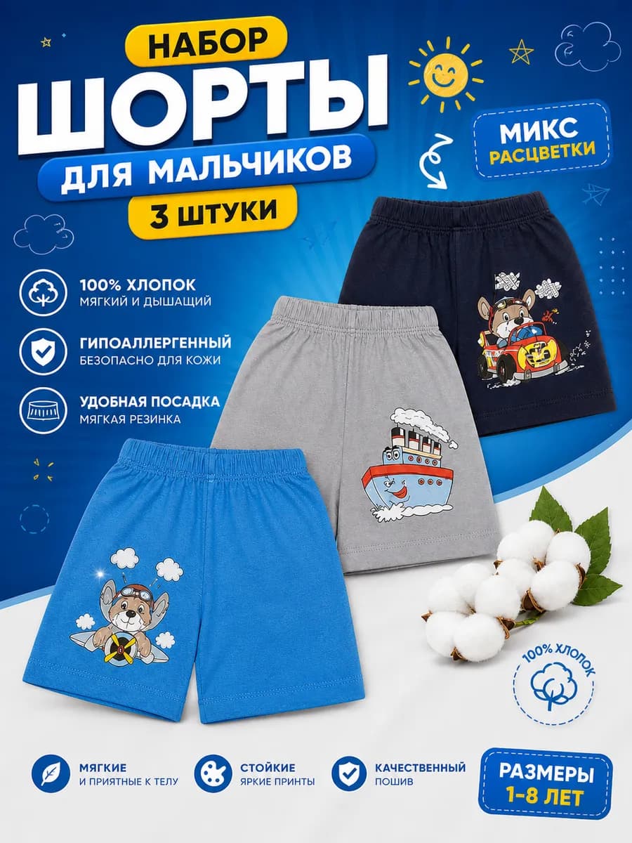Шорты детские набор с принтами для мальчиков 3 шт