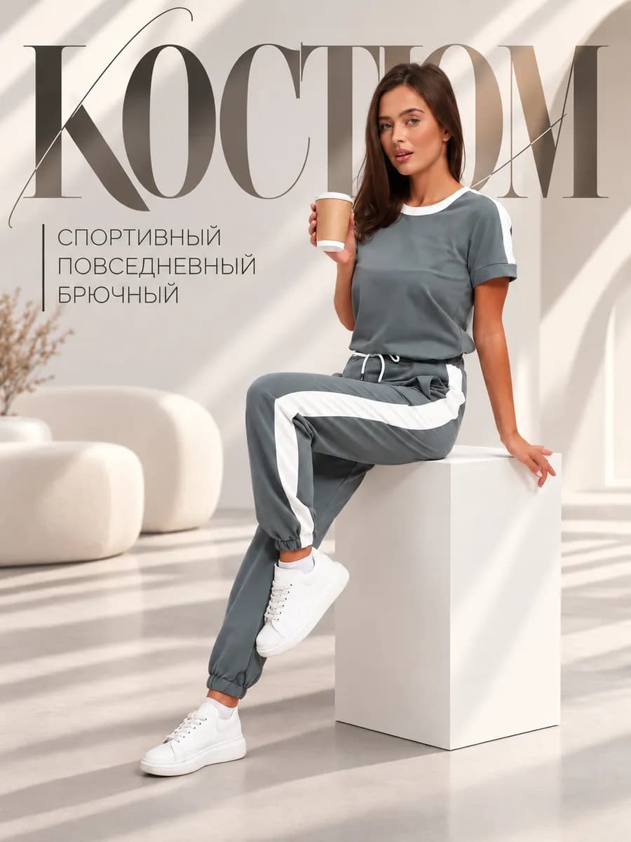 Костюм спортивный с брюками и футболкой футер