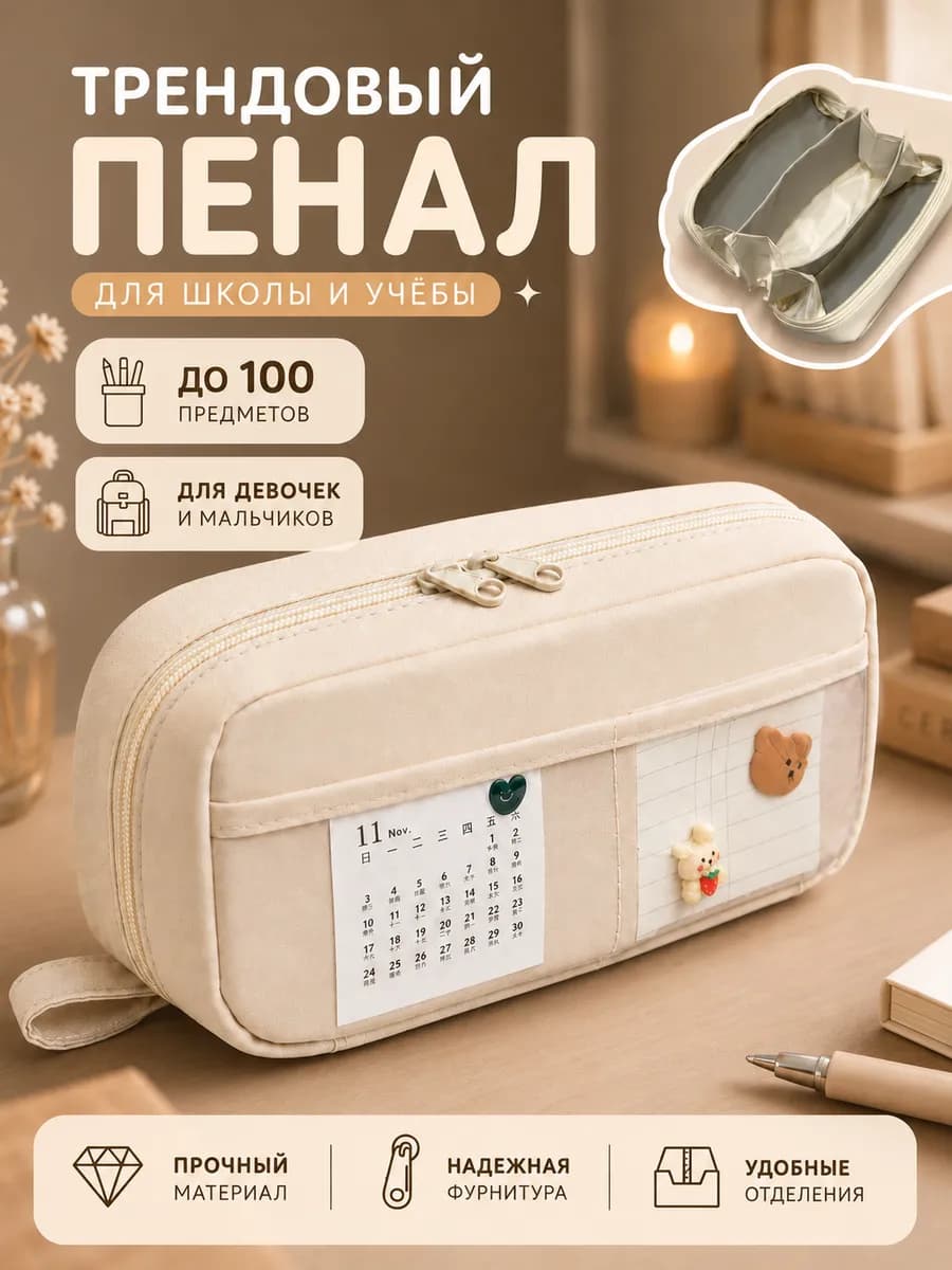 Пенал косметичка школьный для девочек и мальчиков бежевый