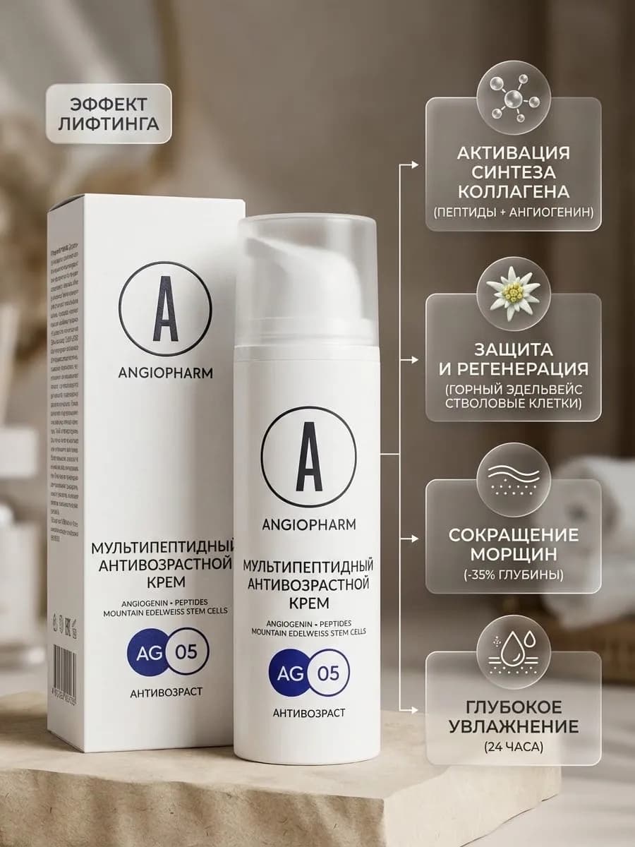 Мультипептидный омолаживающий крем Angiopharm 50мл