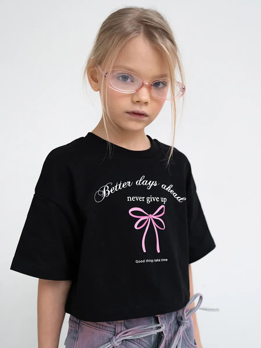 Футболка для девочки укороченная оверсайз с принтом