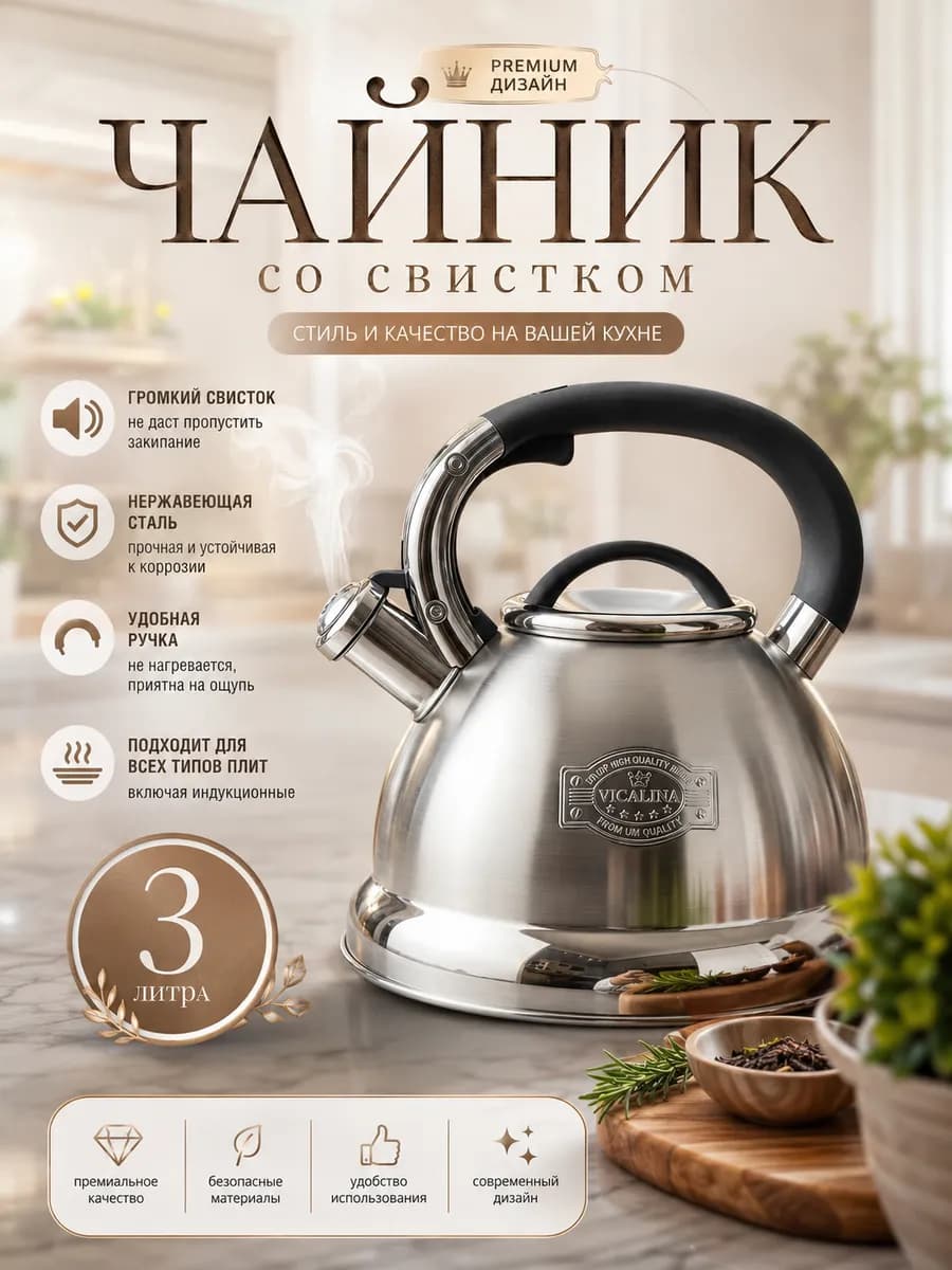 Чайник для плиты со свистком 3 литра нержавеющая сталь