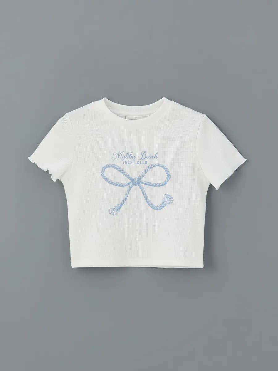 Футболка с круглым вырезом и принтом банта для девочек