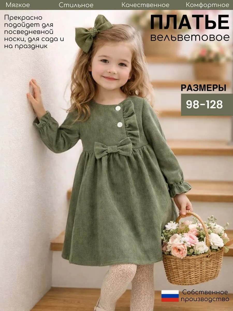 Платье детское вельветовое для девочек хаки