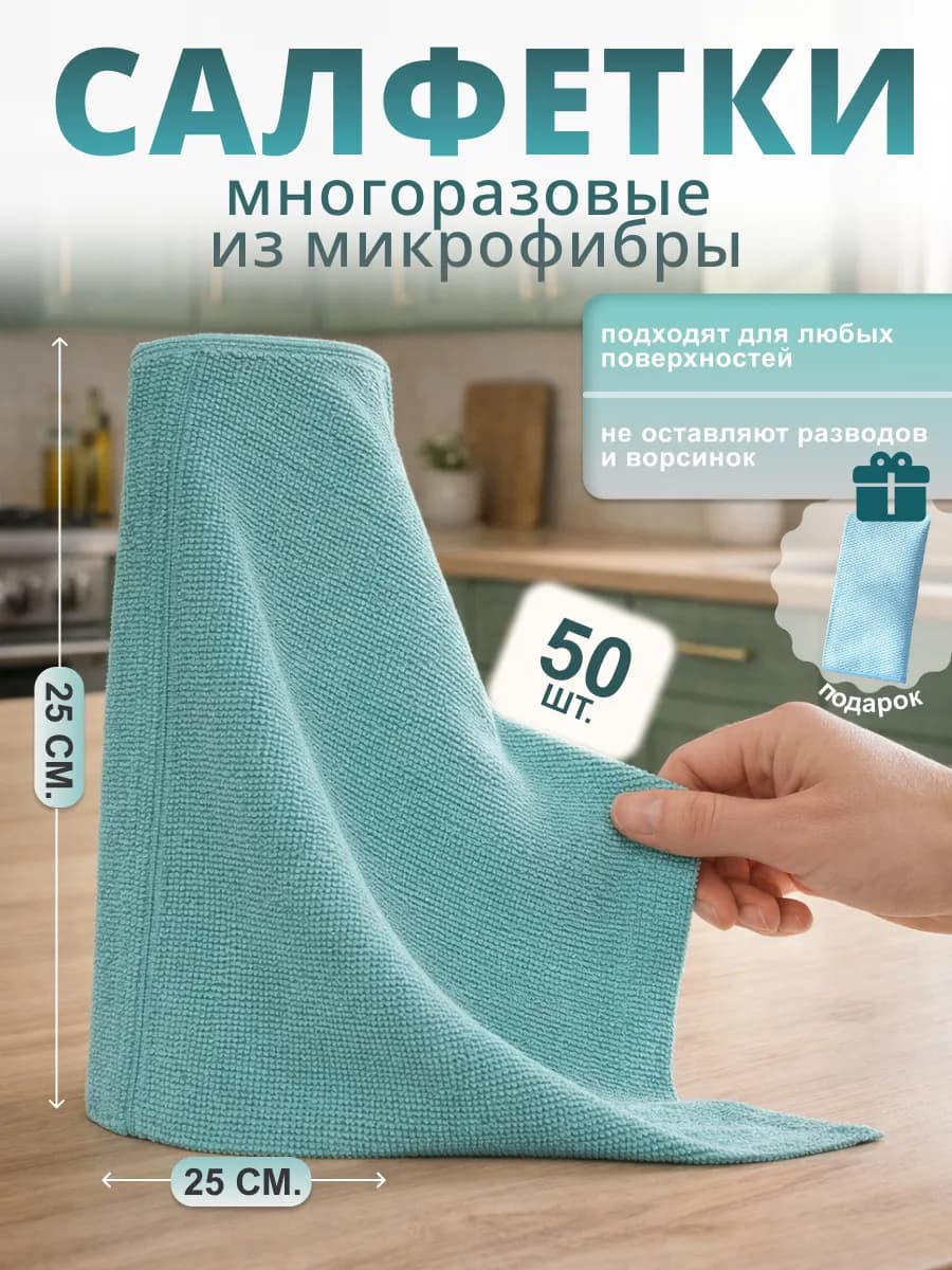 Салфетки для уборки в рулоне многоразовые из микрофибры 50шт