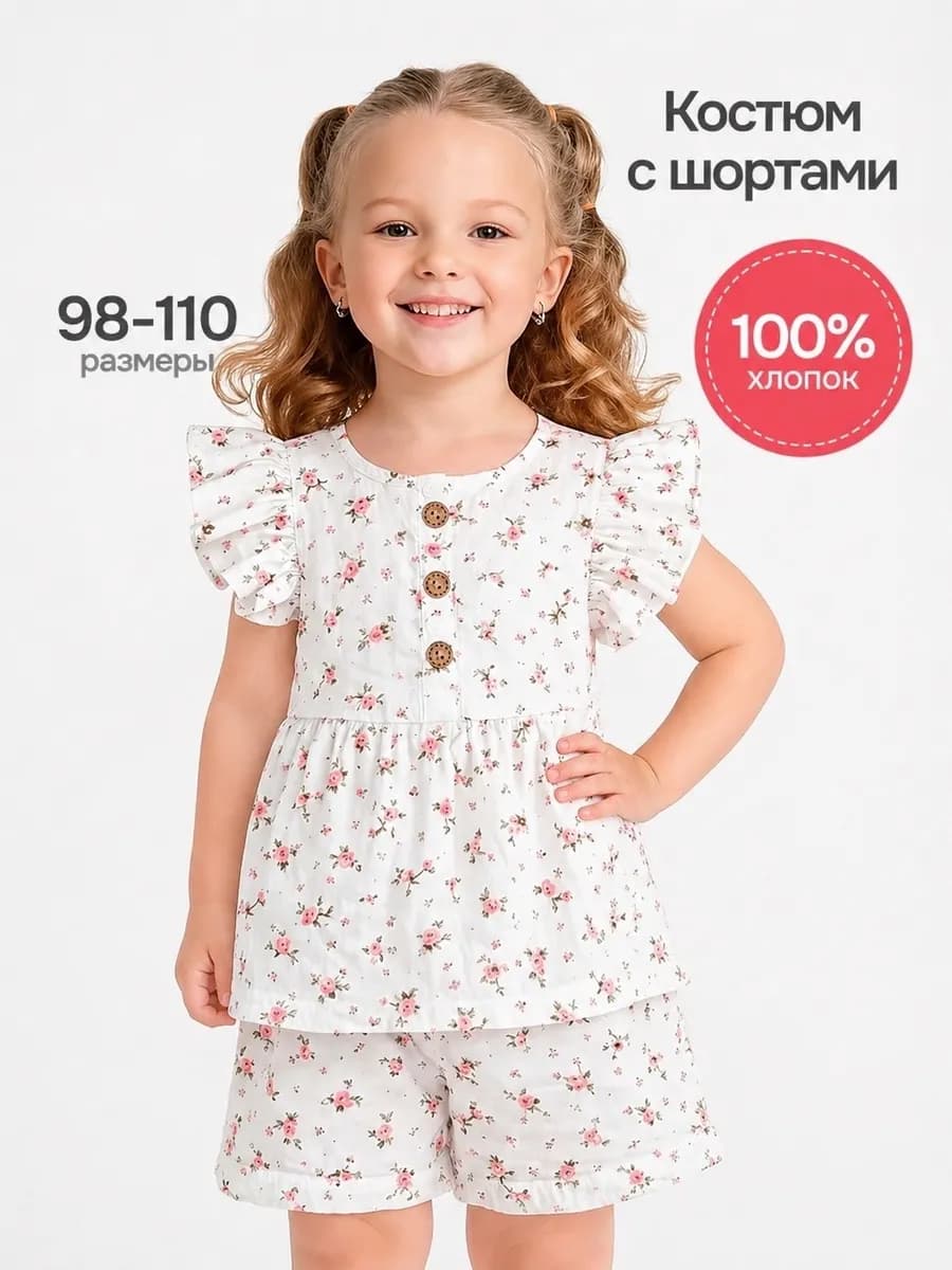 Муслиновый костюм для девочки летний с шортами