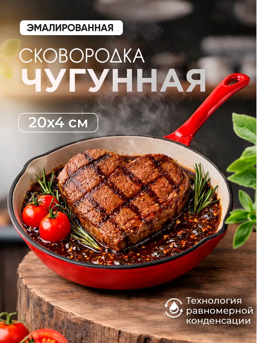 Сковородка чугунная красная 20 см