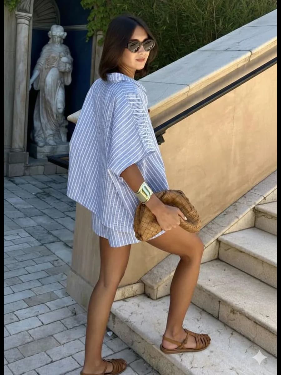 Костюм льняной рубашка с шортами