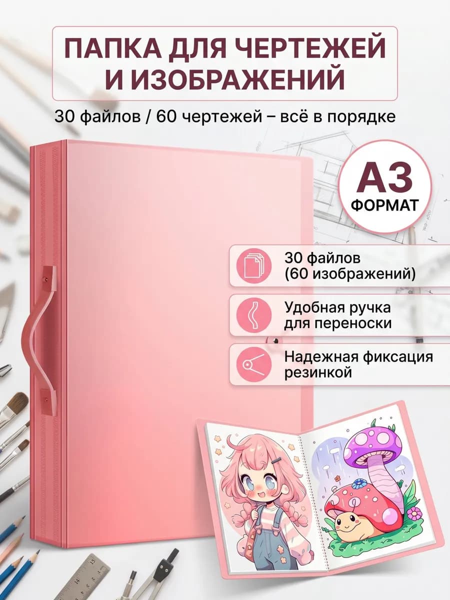 Розовая папка А3 для рисунков и чертежей с ручкой