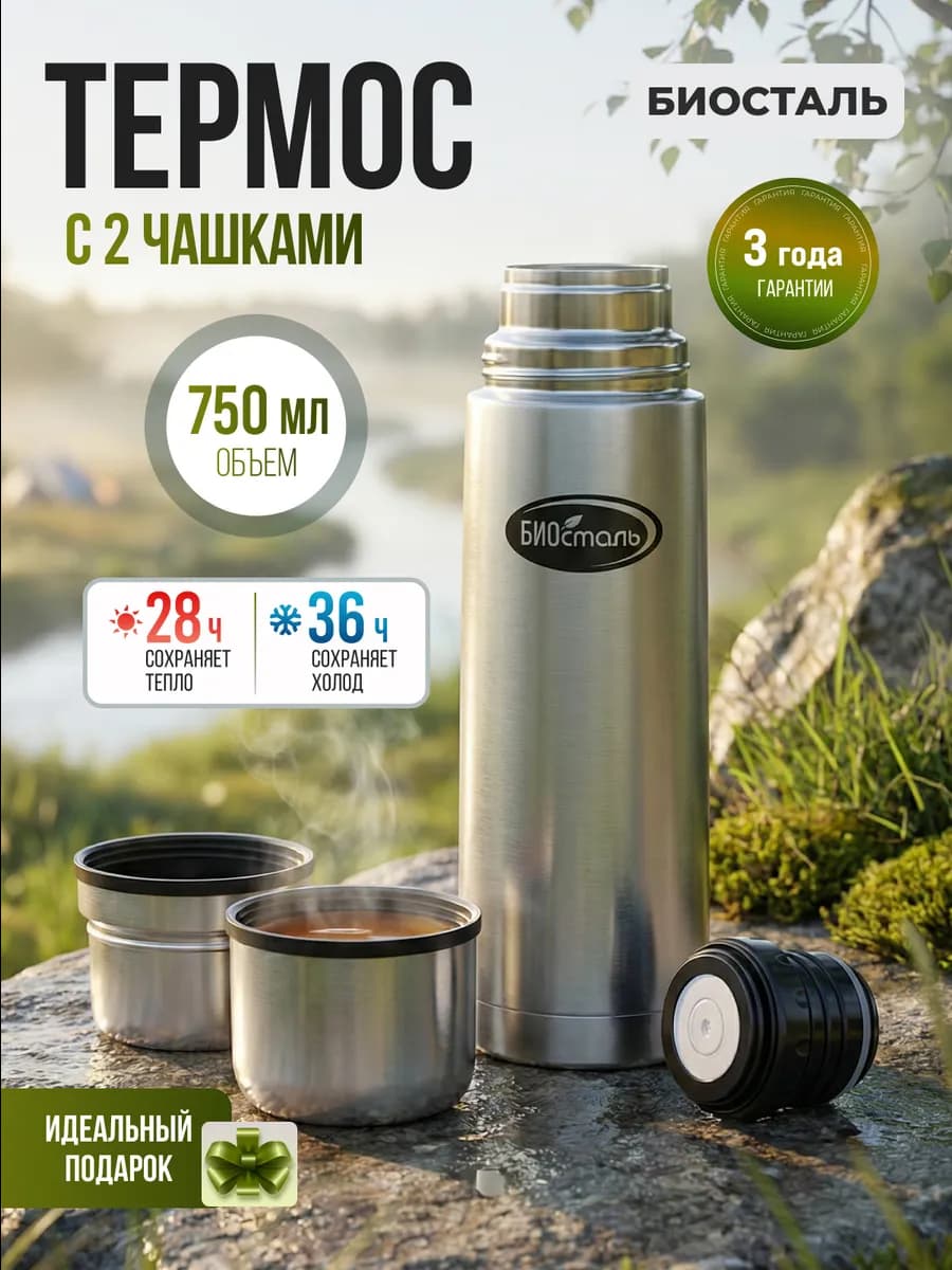 Термос 0.75 л для чая кофе 2 чашки металл NB 750K2