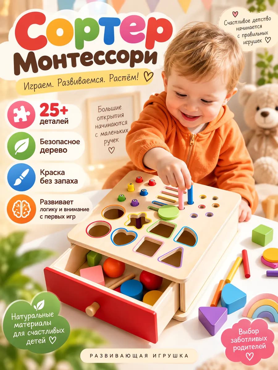 Сортер 4 в 1 деревянный развивающий, игрушка Монтессори