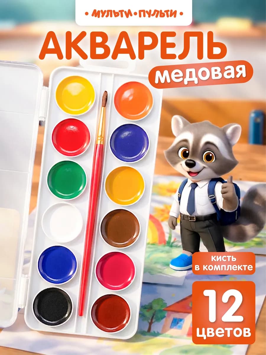 Краски акварельные для рисования 12 цветов с кисточкой