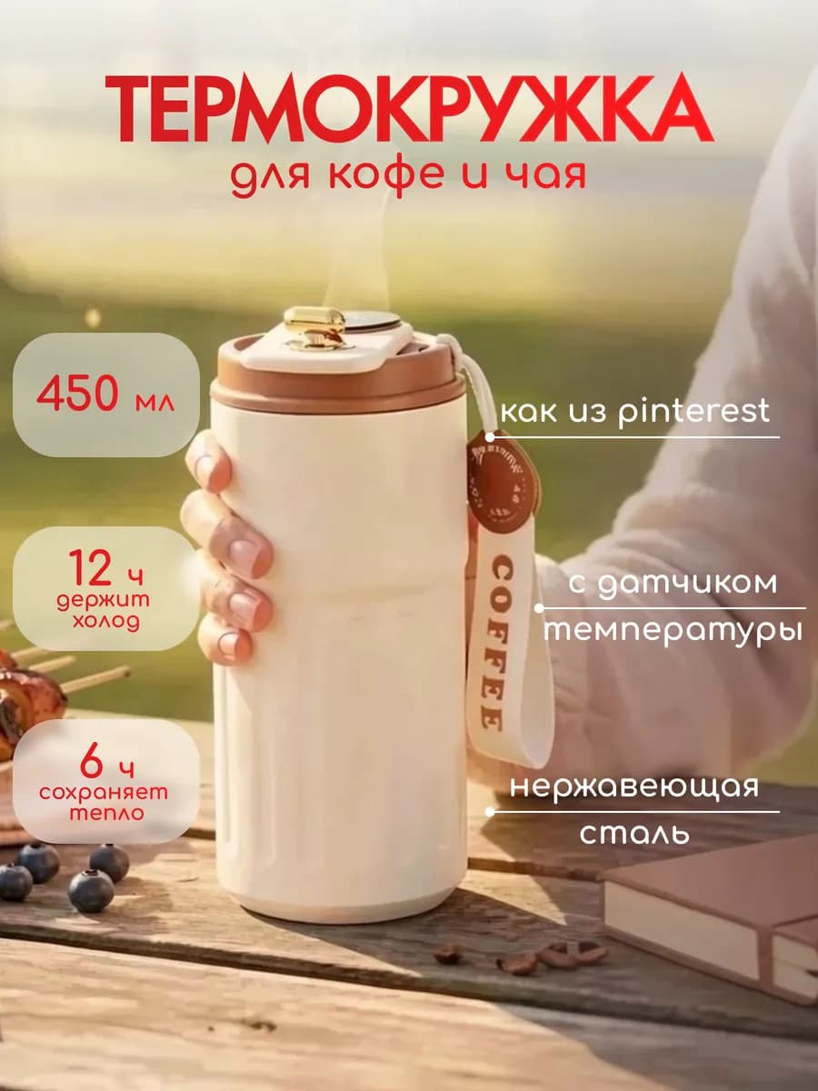 Термокружка женская с датчиком температуры для кофе 450 мл