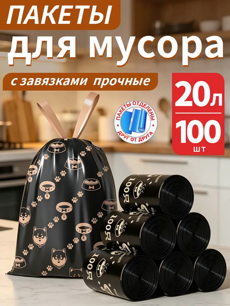 Мешки для мусора 20 л прочные с завязками 100 шт