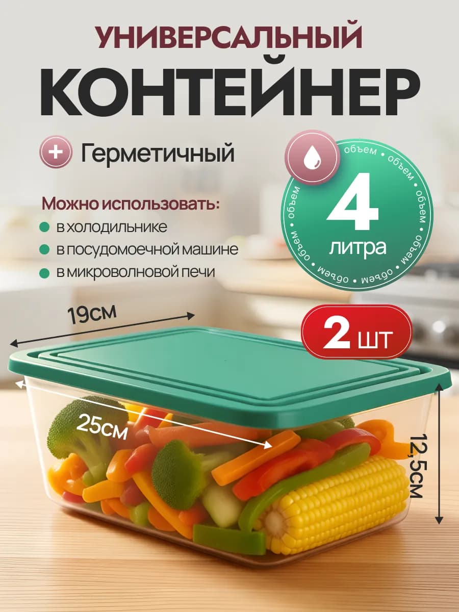 Контейнер 4 л, с крышкой, 12,5х19х25 см (2 штуки)