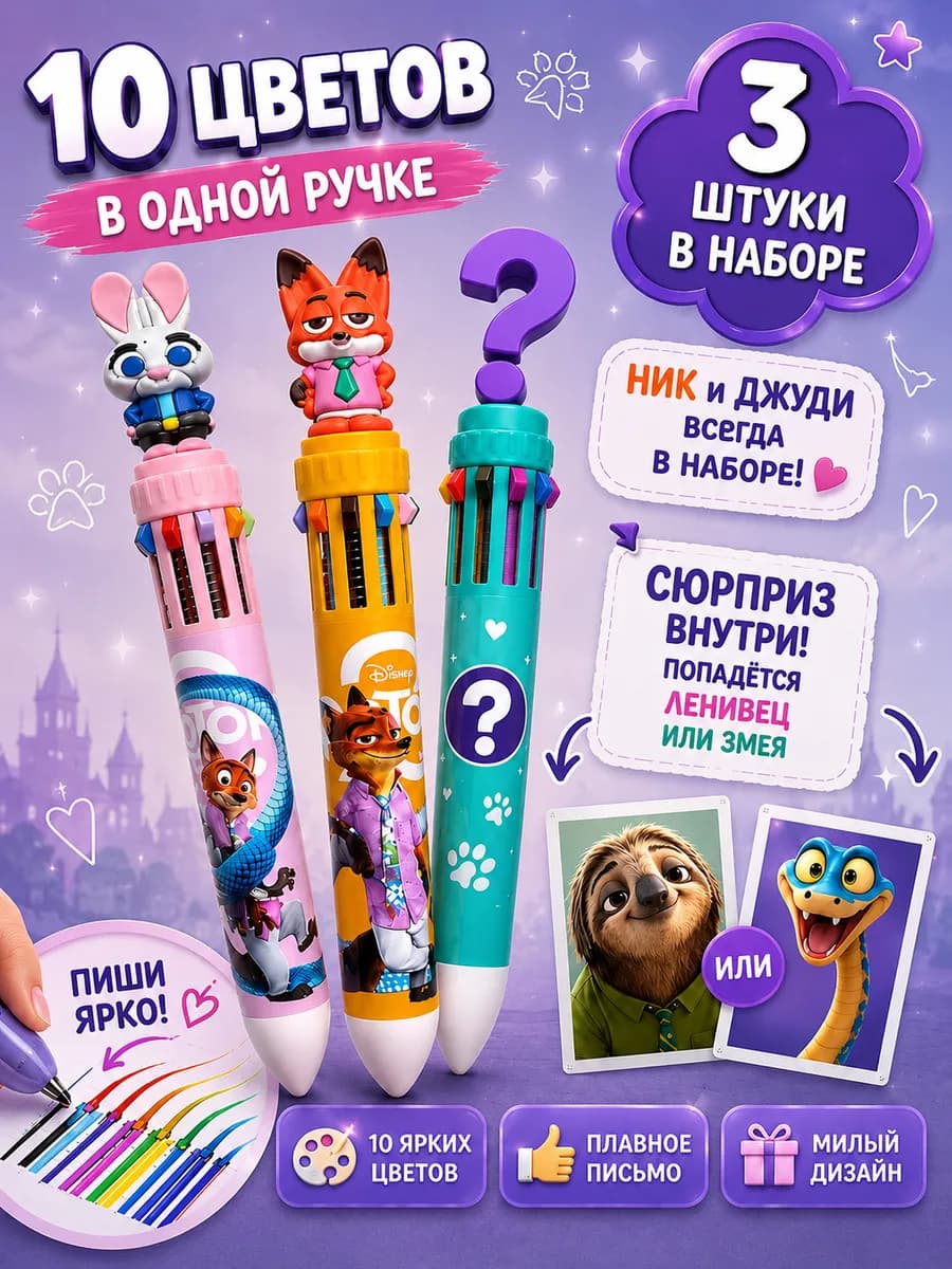 Ручка детская многоцветная 10 цветов 3 шт зверополис