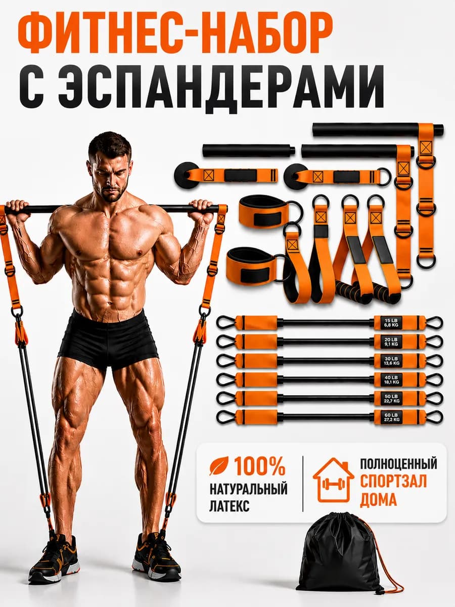 Набор трубчатых эспандеров с грифом для фитнеса