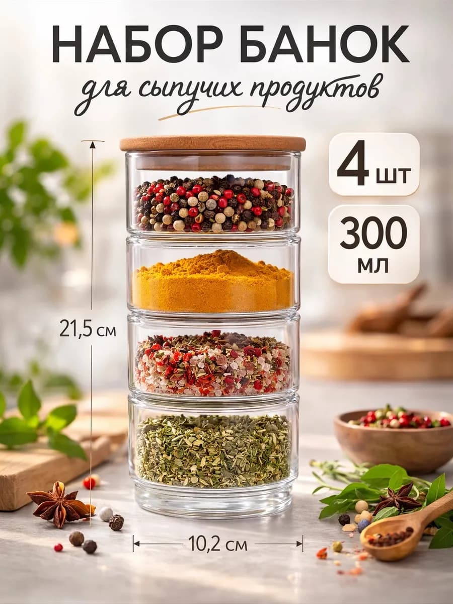 Банки для хранения сыпучих продуктов «Эко» 300 мл набор 4 шт