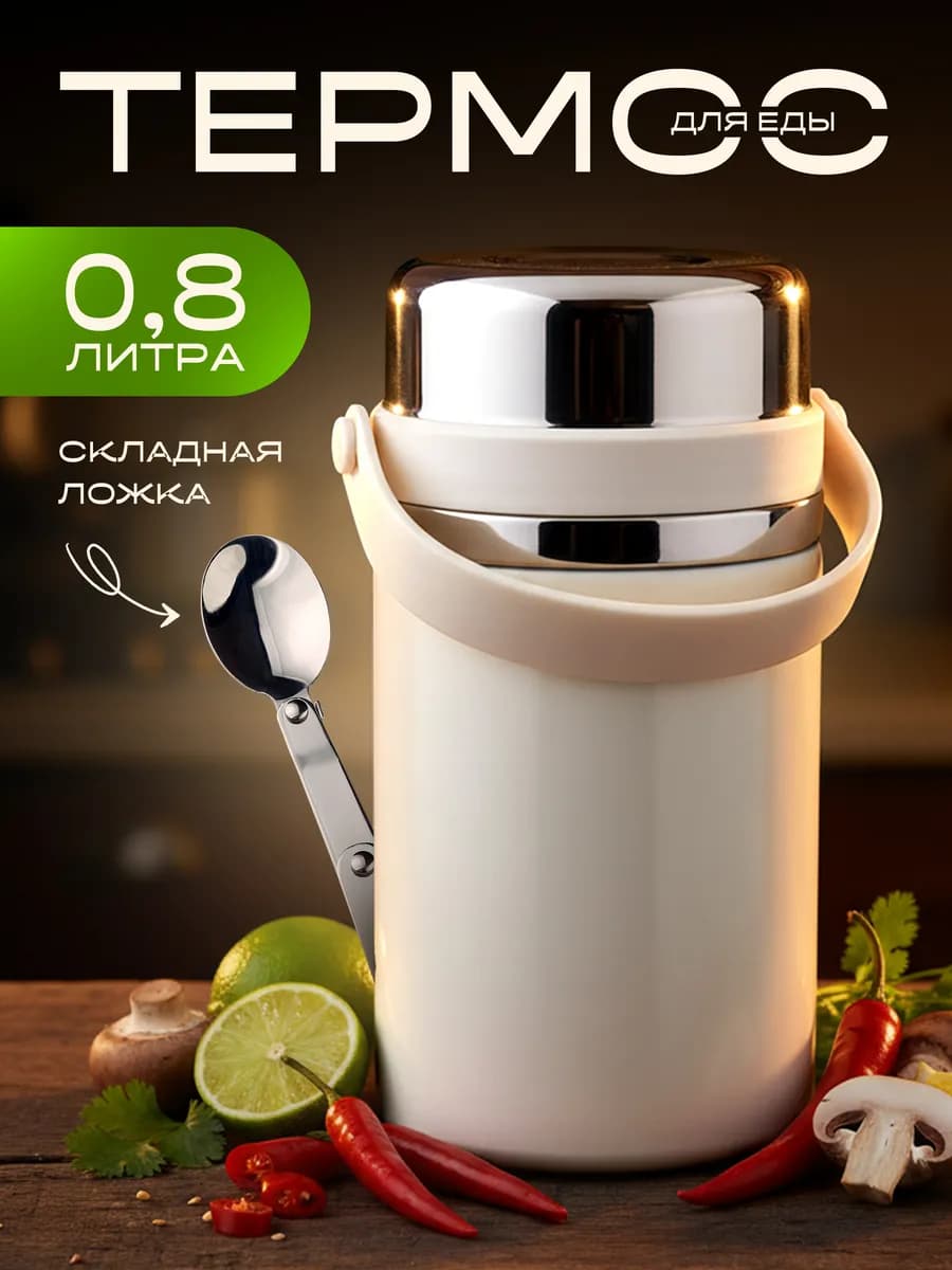 Термос для еды и супа с широким горлом и ложкой, 800 мл