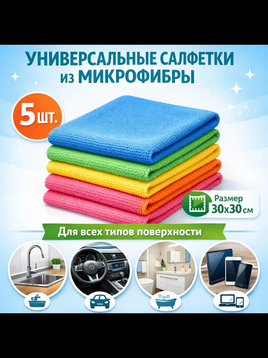 Салфетки для уборки из микрофибры, 5 шт