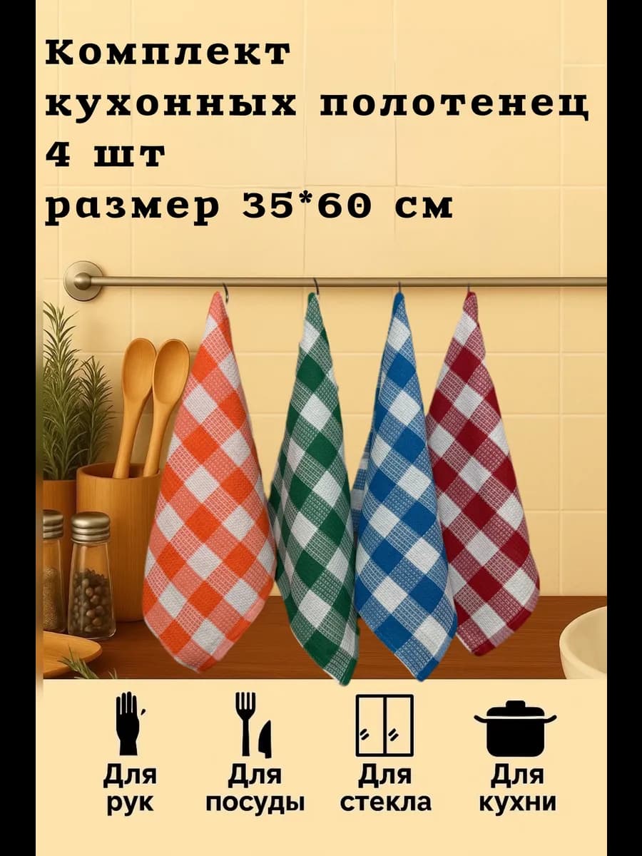 Комплект кухонных полотенец 4 шт 35*60 см Клетка Вафельные