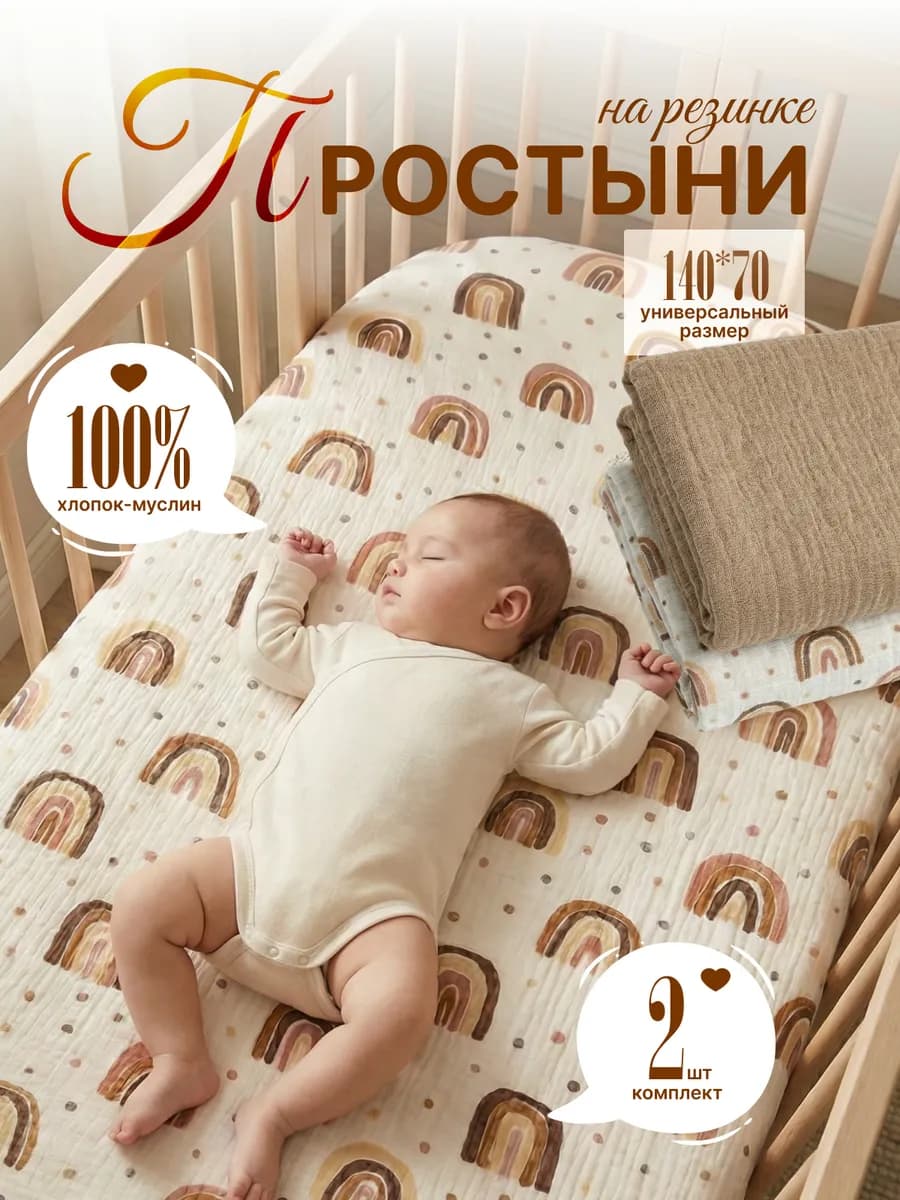 Простынь на резинке для новорожденных из муслина 2 шт
