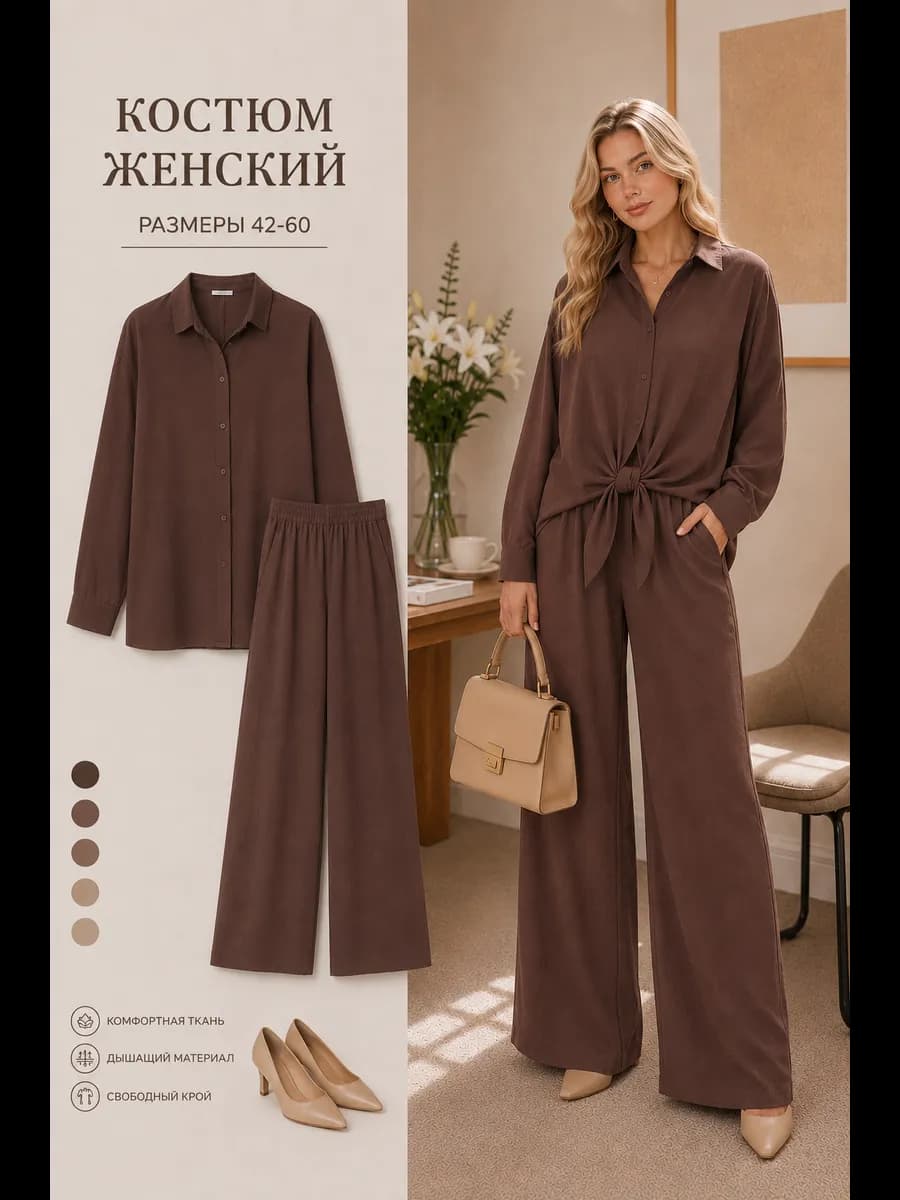 Костюм летний оверсайз с брюками и рубашкой