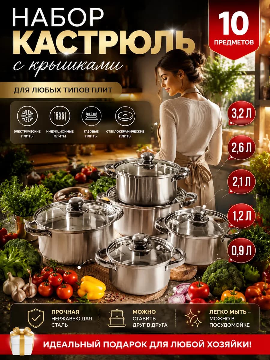 Набор кастрюль из нержавеющей стали с крышками 5 шт