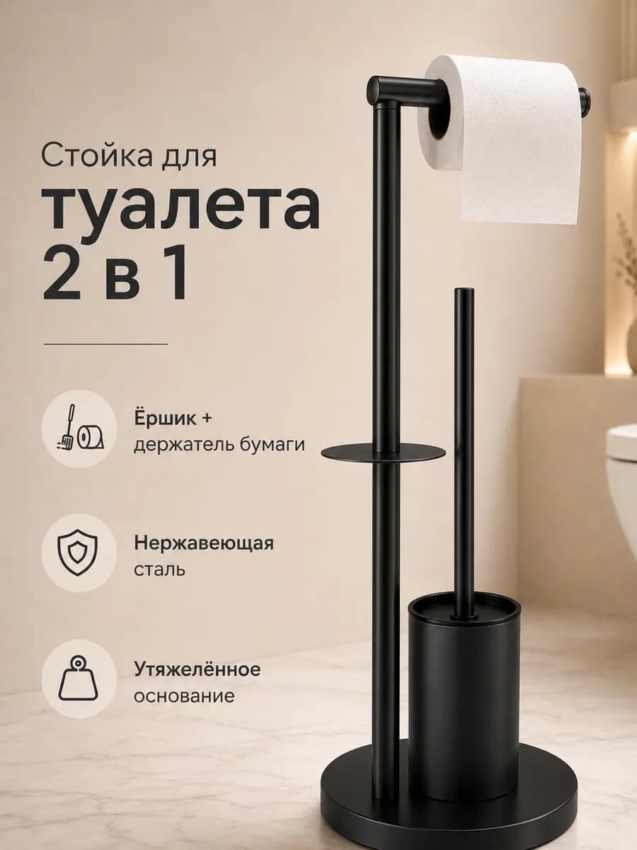 Ершик для унитаза напольный, черный, сталь 304
