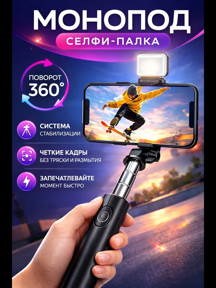 Селфи палка для телефона Монопод с лампой