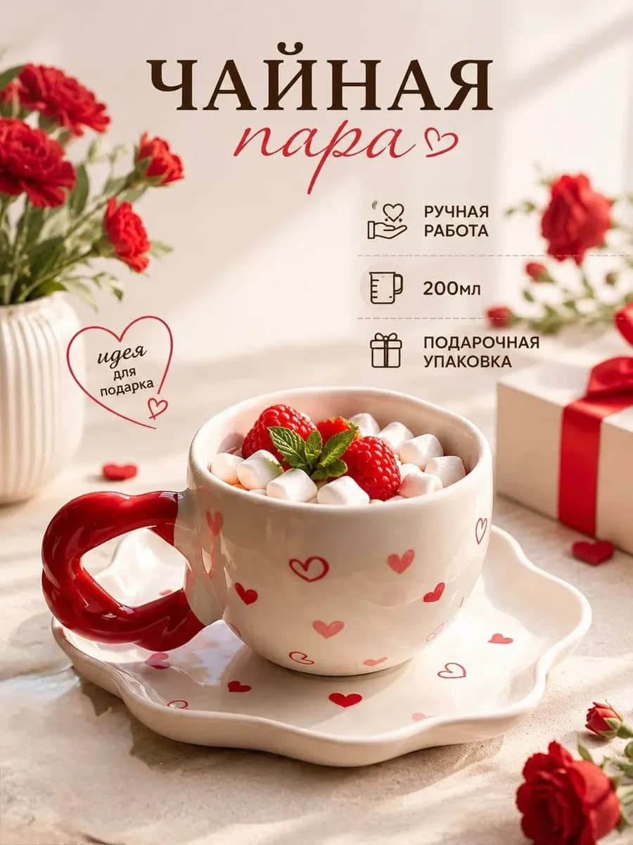 Чайная пара с сердечком, набор Блюдце и Чашка