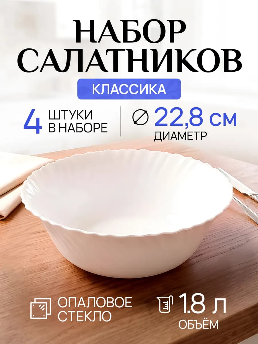 Набор стеклянных тарелок глубоких салатников 4 штуки