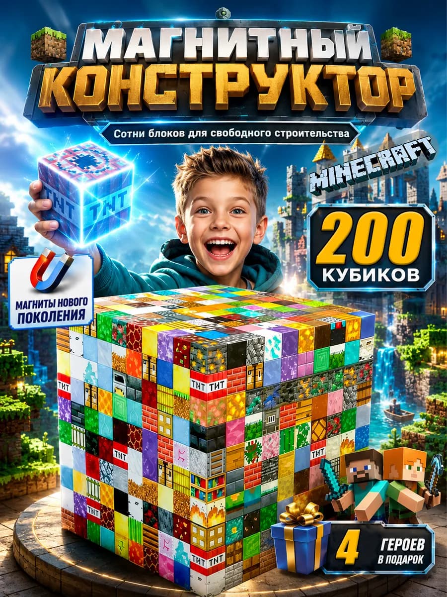 Магнитный конструктор Майнкрафт 200 блоков