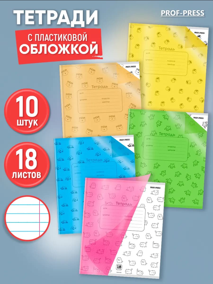 Тетрадь 18 листов в линейку 10 штук с пластиковой обложкой