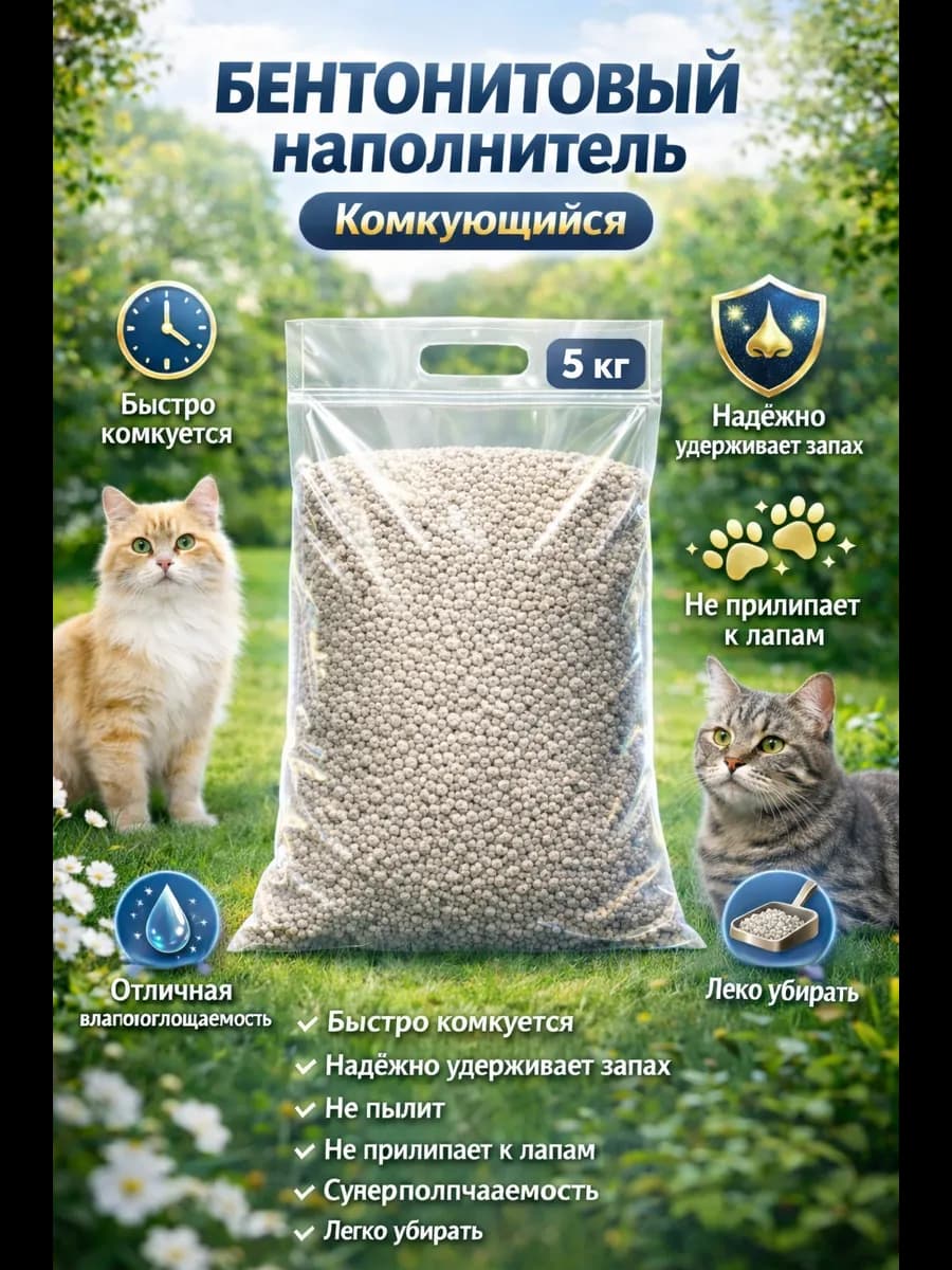 Наполнитель комкующийся для кошачьих туалетов бентонит, 5кг